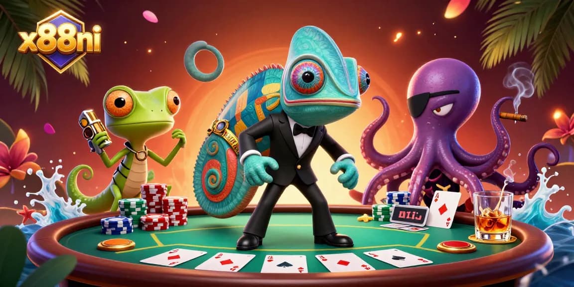 x88ni players enjoy a vibrant casino atmosphere with a secret agent and colorful poker elements