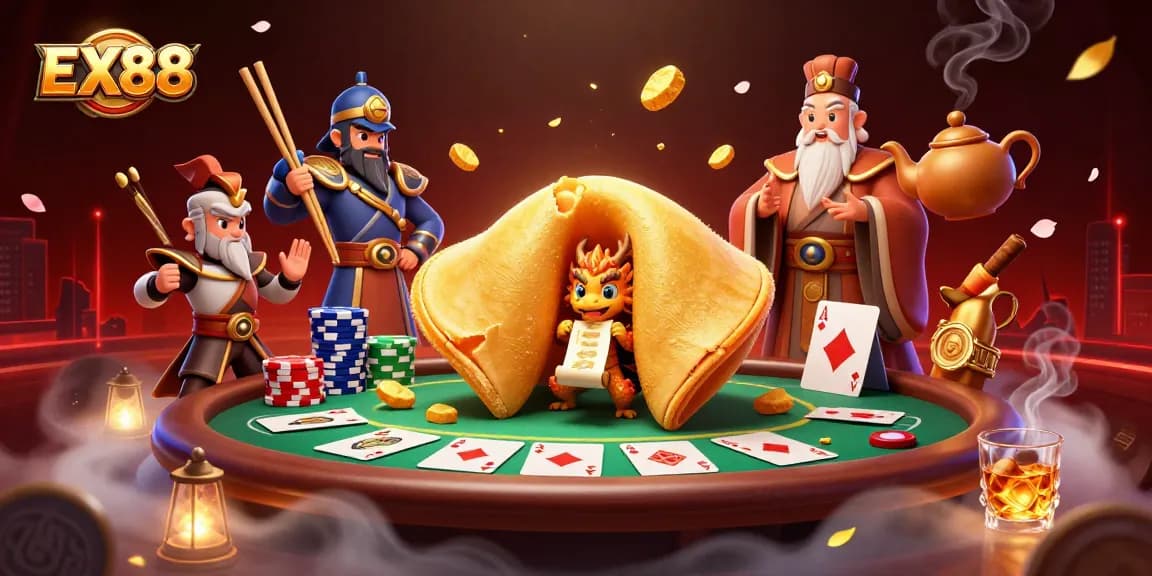 Experience luck and fortune at EX88 with a thrilling 3D illustration of a giant fortune cookie and poker elements.