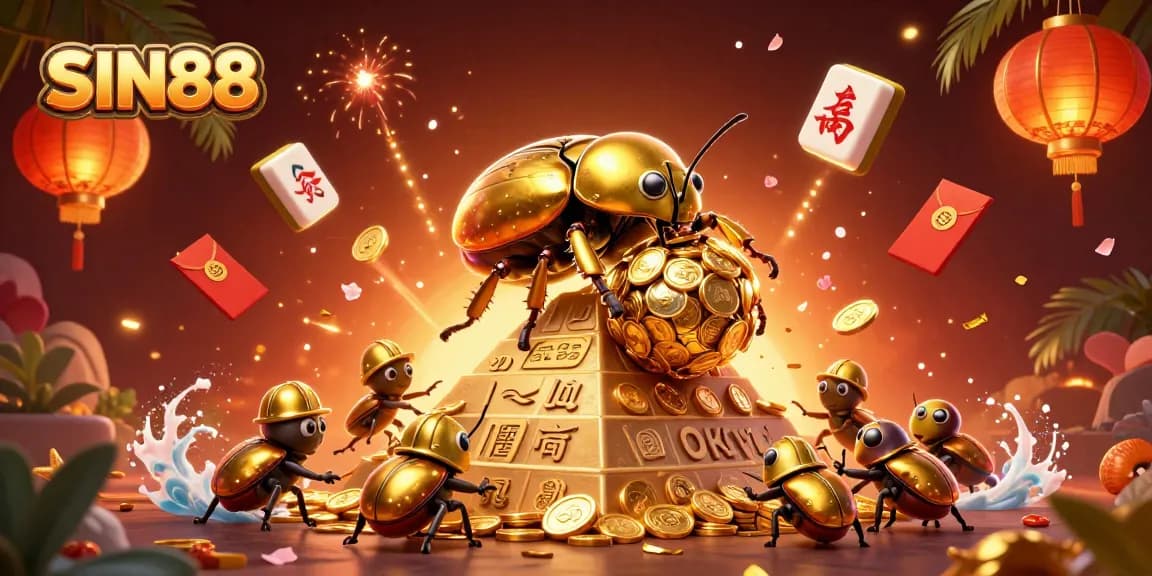 SIN88 engages bettors with dynamic casino elements and golden treasures in a vibrant 3D scene.