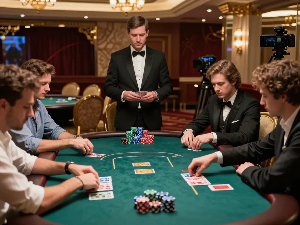 Players engaged in a high-stakes game at S666's luxurious poker table, showcasing strategic gameplay.