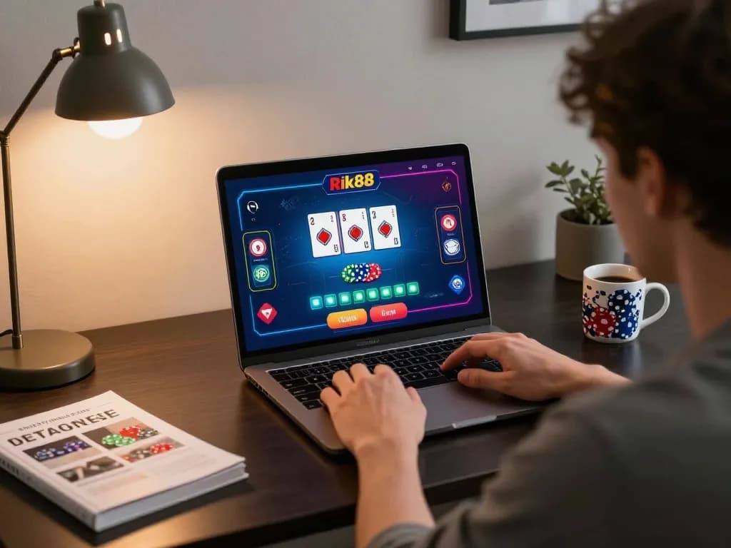 Engaged player using Rik88 for an exciting online poker game, showcasing vibrant graphics and strategic moments.