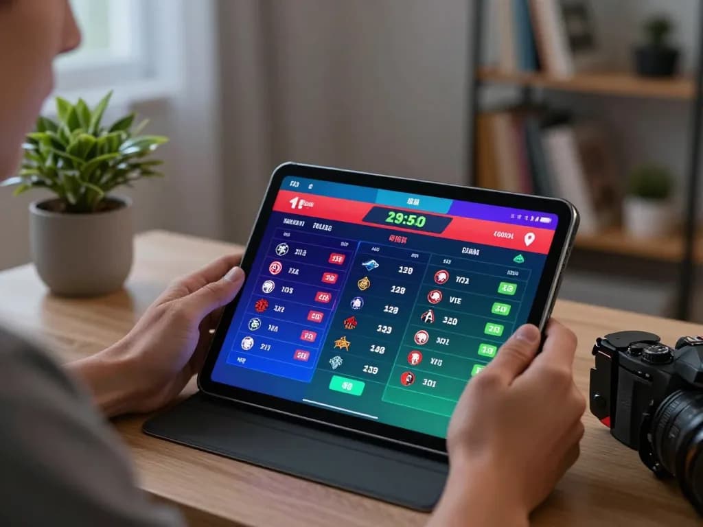 Player engaging in sports betting online with okking tablet interface in a cozy home setting