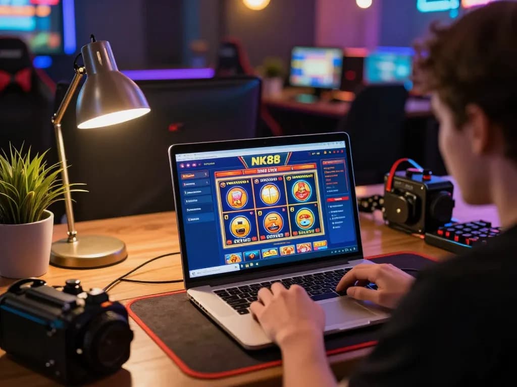 Player engaging with NK88 online casino on laptop, vibrant gaming graphics in cozy setting