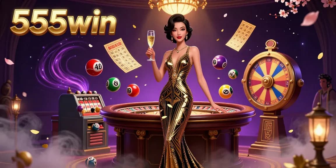 Experience the excitement of winning with 555win's dazzling casino scene filled with dynamic game elements.