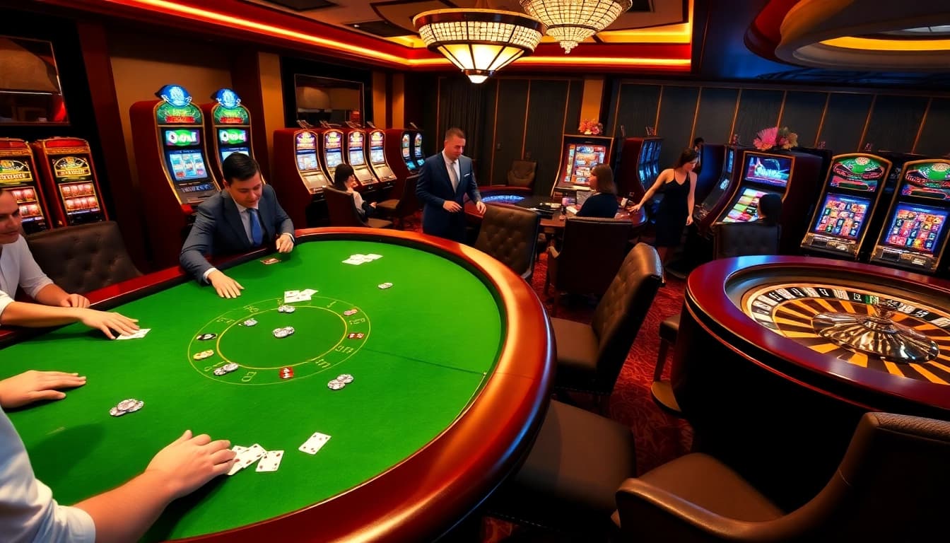 Players engaging in high-stakes poker at Luck8 casino, showcasing excitement and luxury.