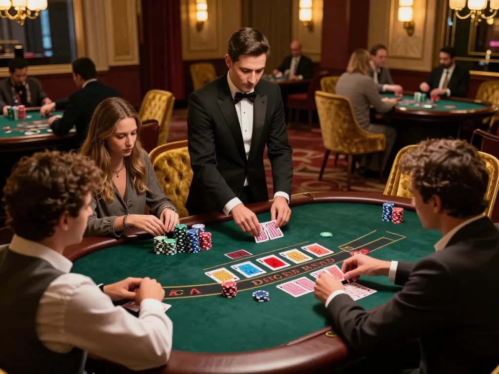 Players engaging in a dynamic Blackjack game at U888 casino, showcasing strategic card play and casino ambiance.