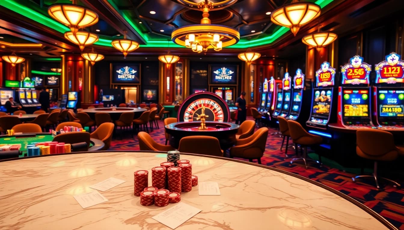 Experience the thrill of betting at MM88 with vibrant casino tables and a roulette wheel.