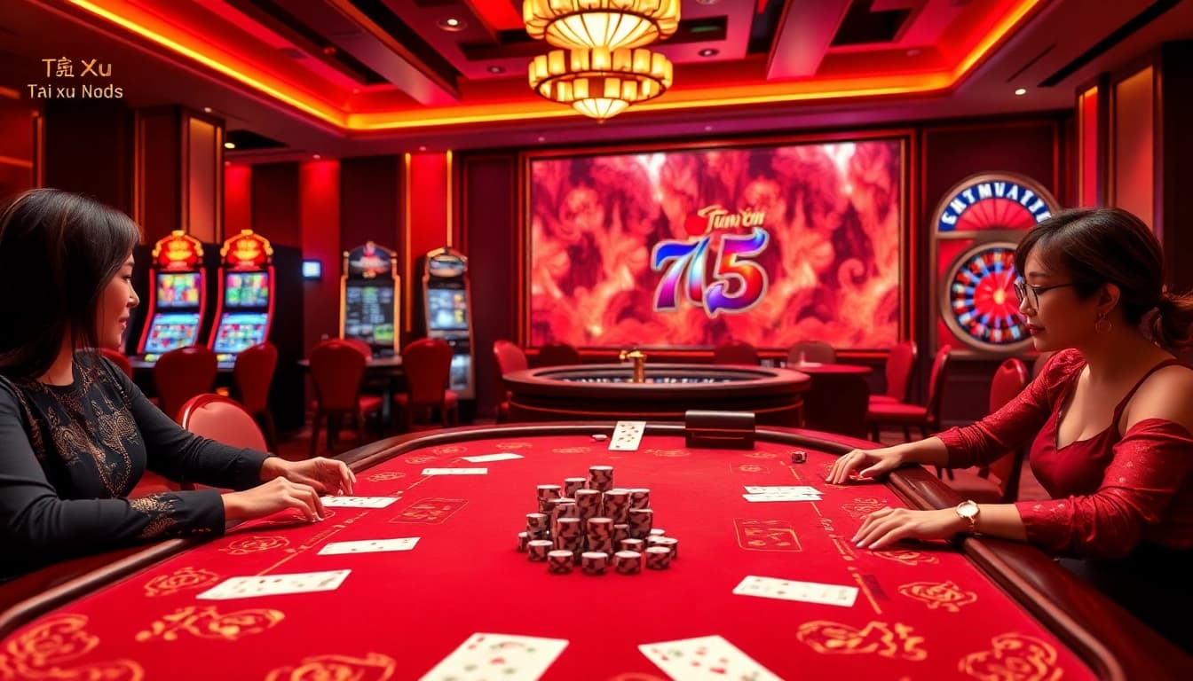 Tài Xỉu MD5 table gameplay with vibrant chips and dice in an elegant casino setting.