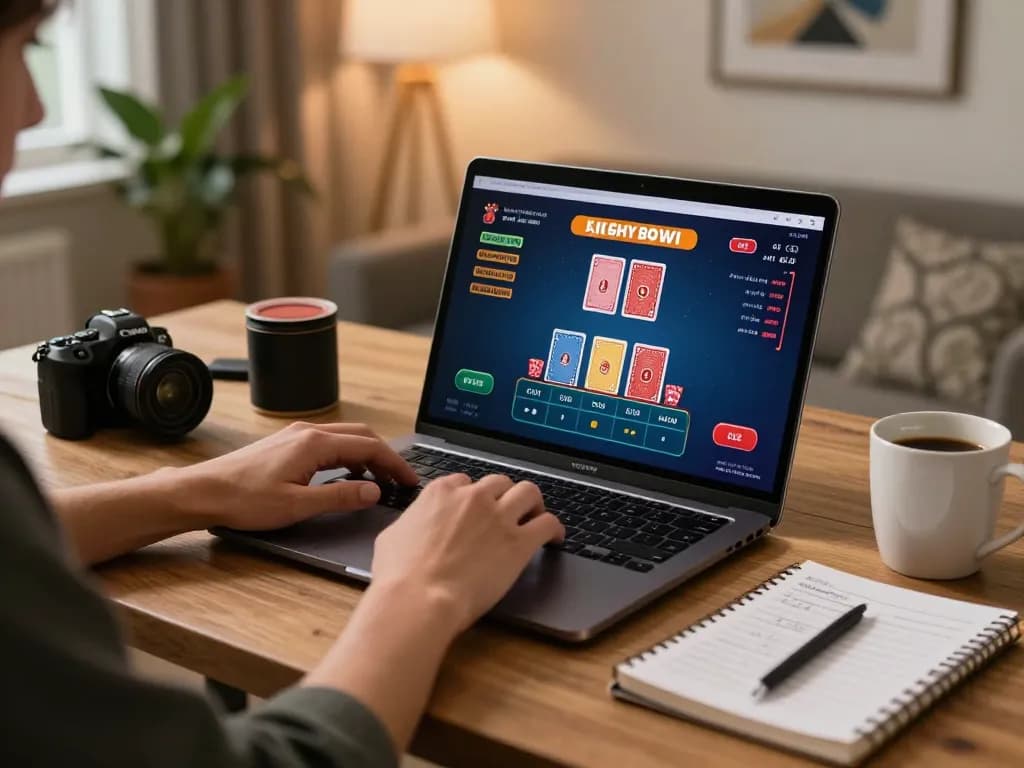 Engaging in online blackjack gameplay at xx88, showcasing an immersive home gaming setup with strategy notes.