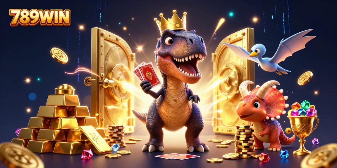 Experience gaming excitement with 789WIN, featuring a T-Rex, chips, and treasure!