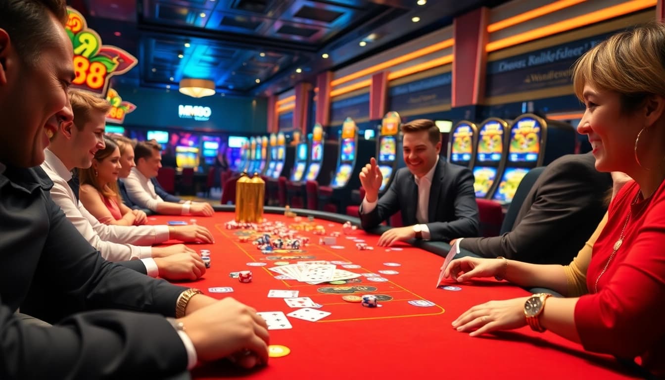 Players enjoy an exciting game at the MM88 casino table, filled with vibrant poker chips and cards.