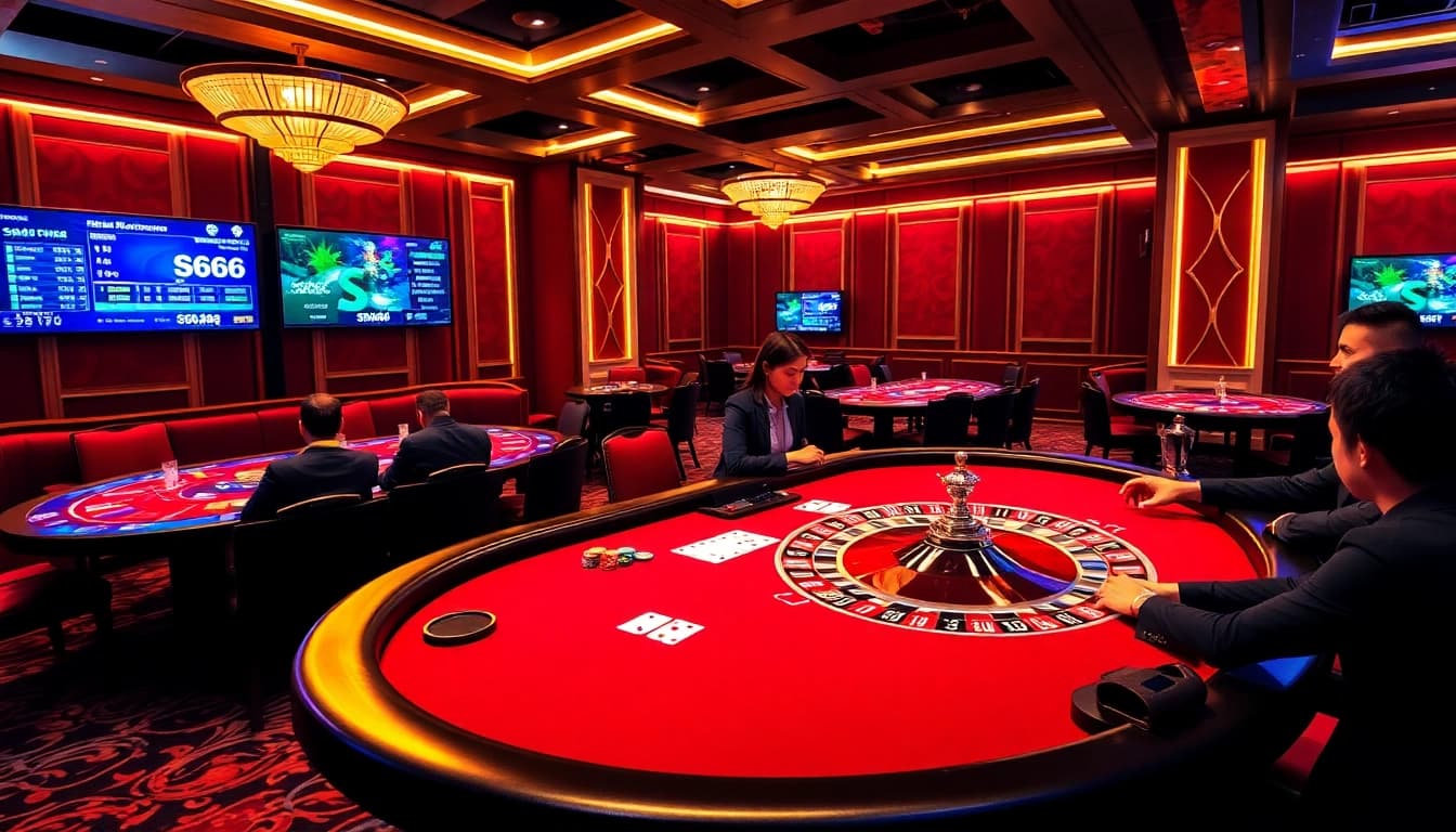 S666 players enjoying an immersive casino experience at a luxurious poker table with vibrant chips.