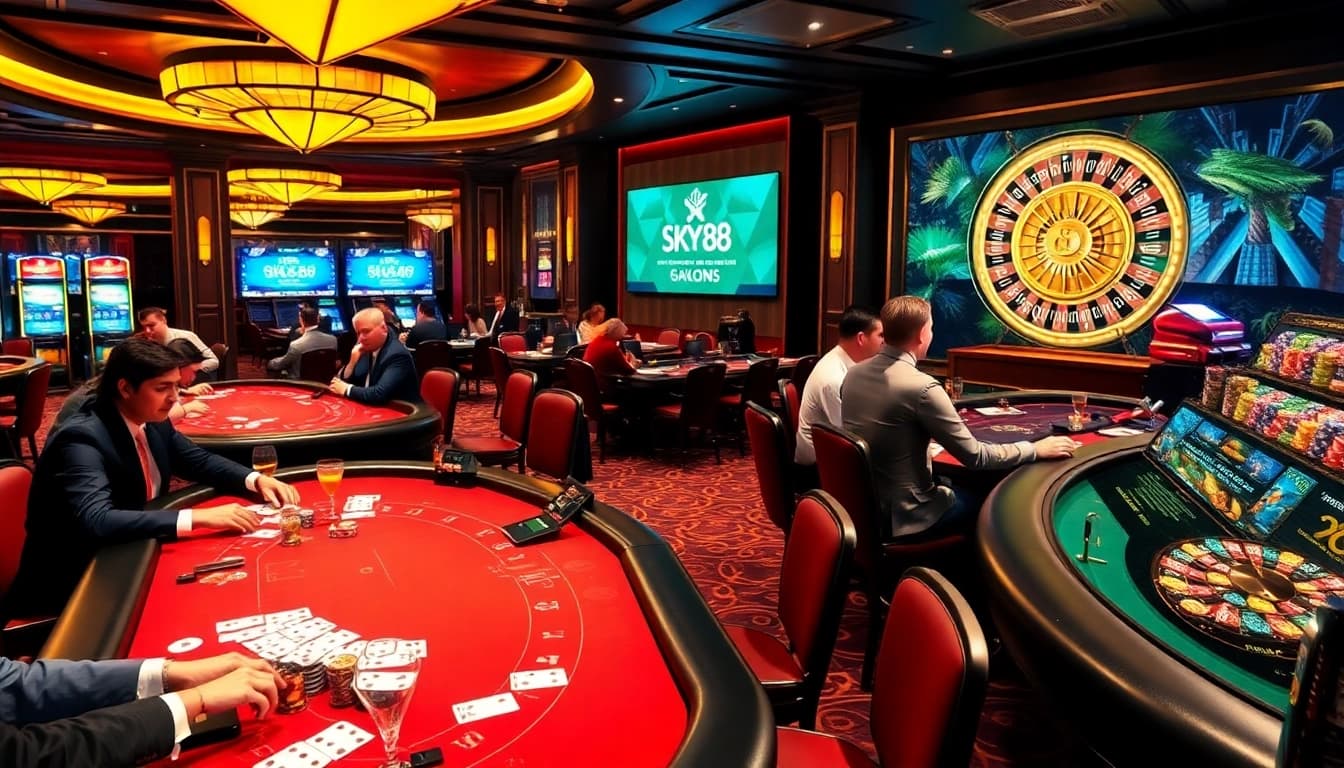 Experience exhilarating gameplay at https://sky88j.design/, where high-stakes poker players strategize among glimmering chips.