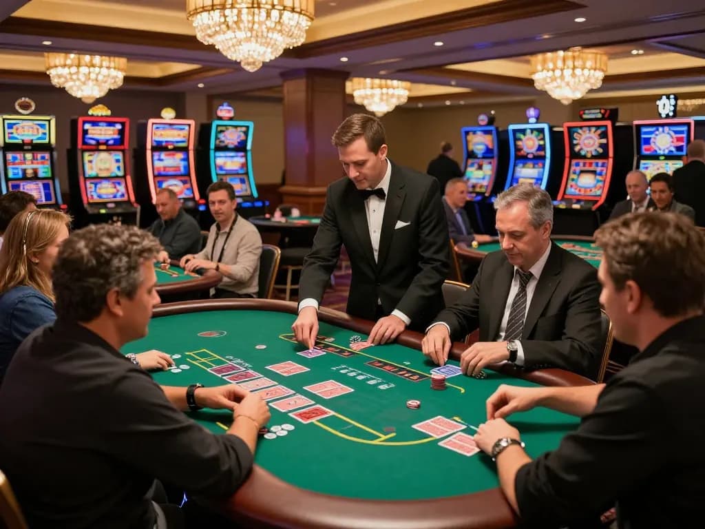 Players enjoying a thrilling game of blackjack at OKFUN casino, engaged in strategic betting decisions.