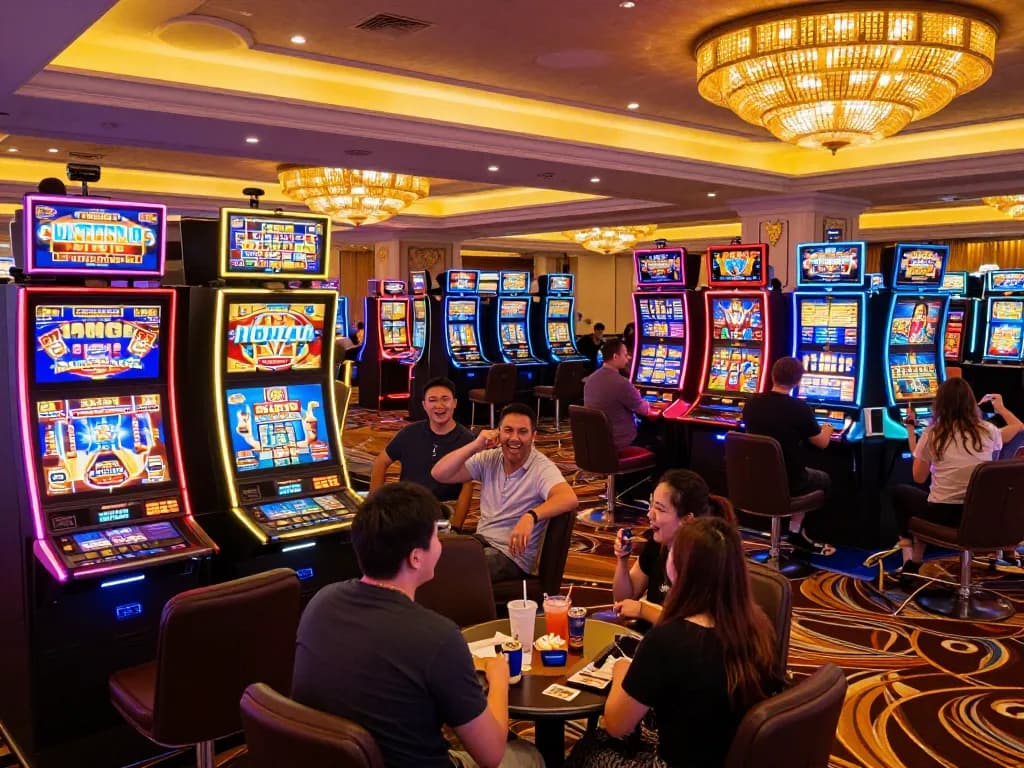 Players enjoy vibrant slot machines at hitclub, showcasing an engaging casino atmosphere.