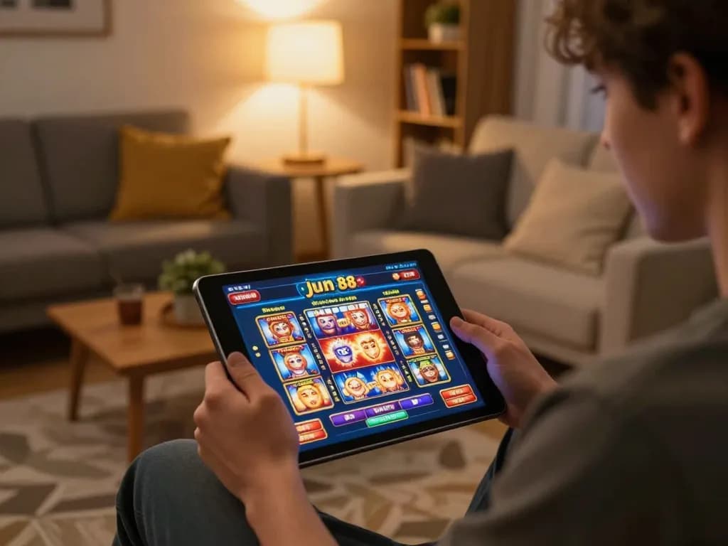 Enjoying exciting gaming moments at jun 88 casino on a tablet in a cozy home setting