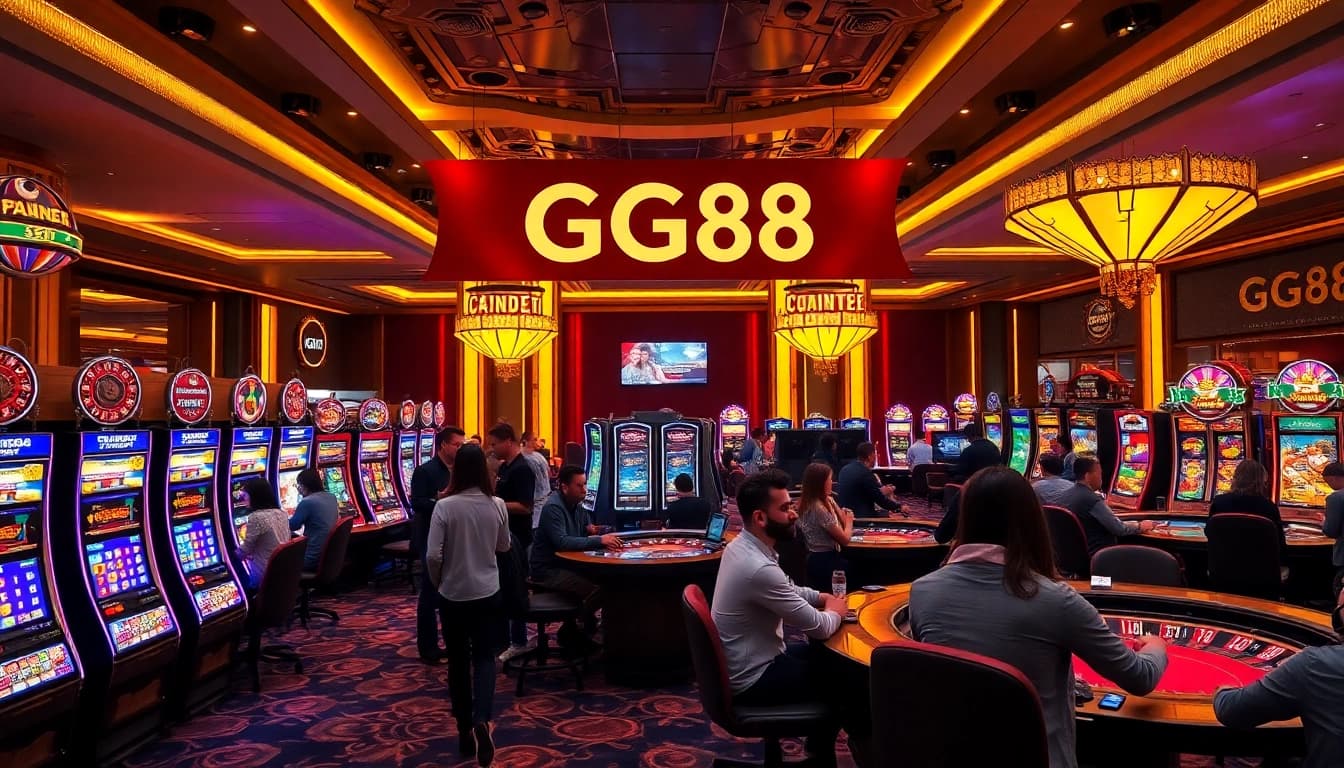 GG88 players engaging at a vibrant casino table with luxurious slot machines.