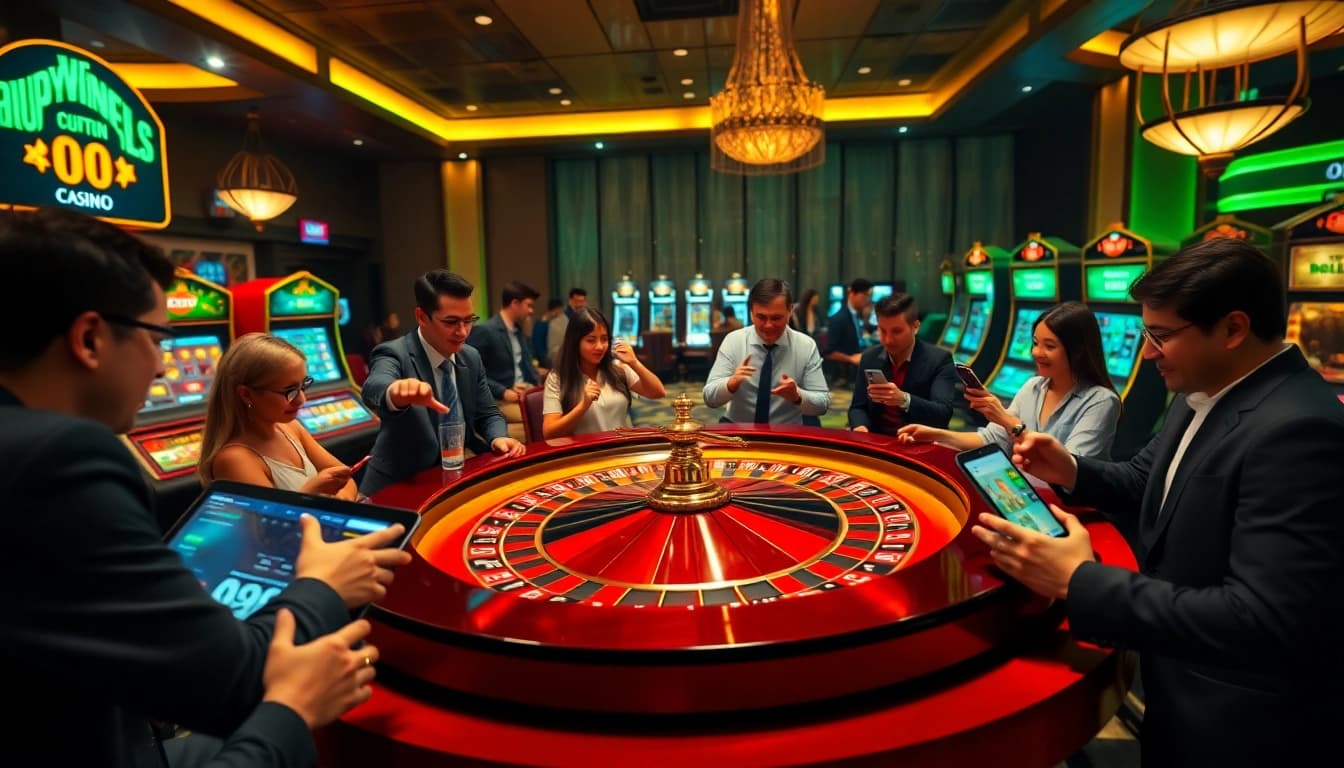 Lô đề online players celebrating a big win at a luxurious digital casino with roulette and poker elements.