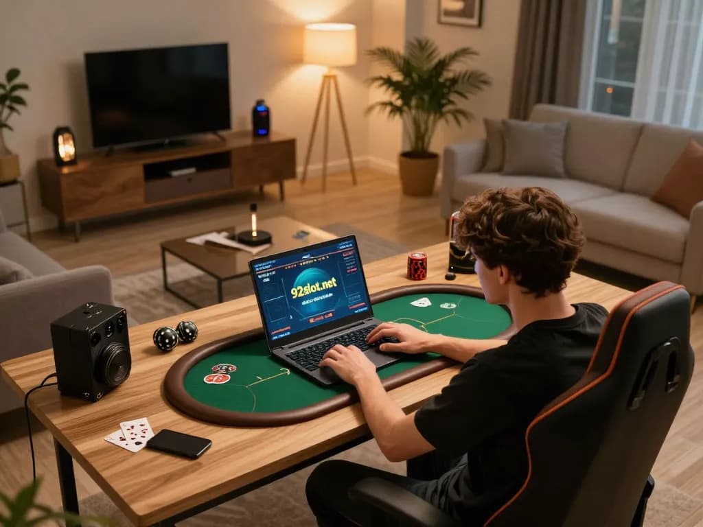 Engaged player at home using laptop for online poker on https://92slot.net/ with organized gaming setup.