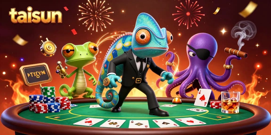 Taisun showcases a vibrant casino scene with a chameleon, gecko, and octopus at a poker table.