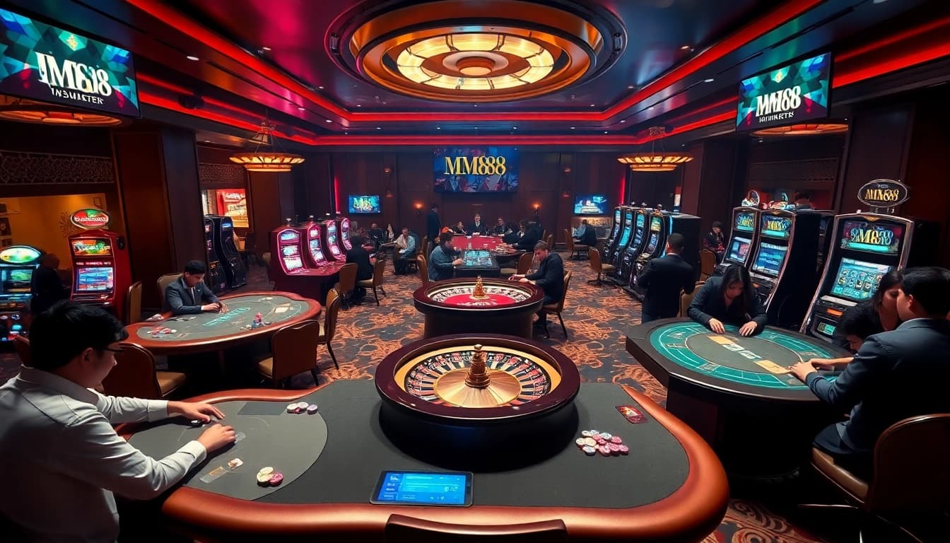 Experience the excitement of MM88 casino gaming with a vibrant scene of players at tables and slot machines.