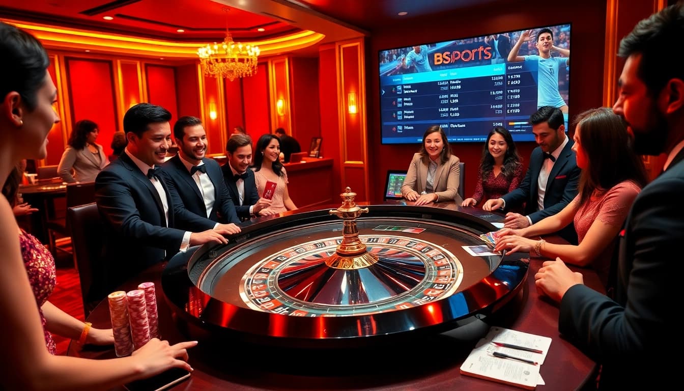 Players engaging at a luxurious bsport roulette table, full of excitement and vibrant colors.