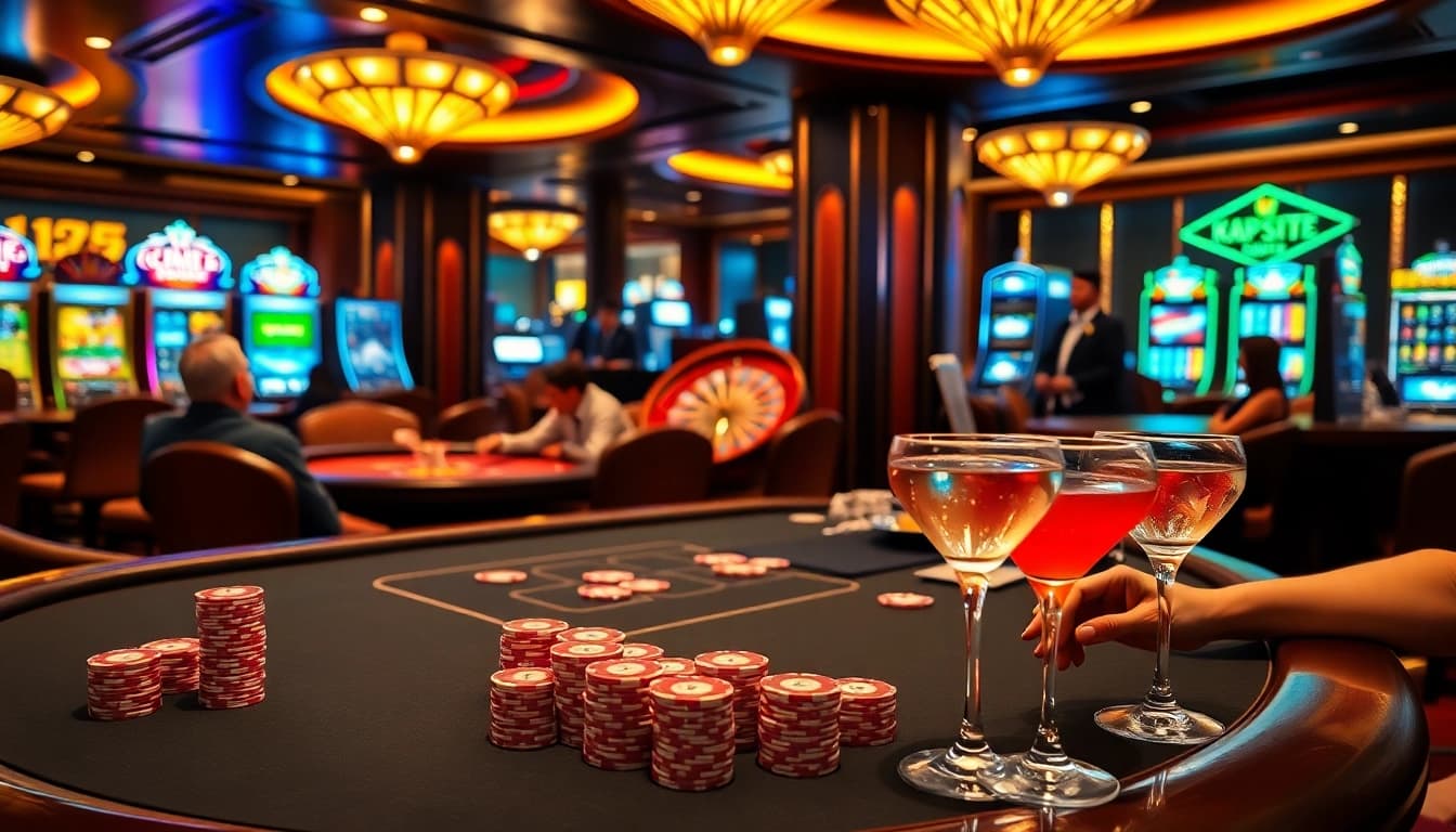 Engaging gamblers at KP88 Casino with poker, roulette, and vibrant slot machines.