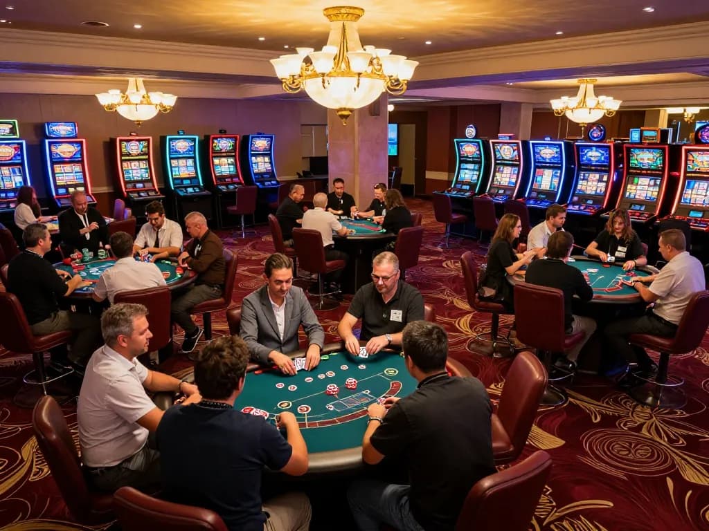98win players engaging at poker tables in a vibrant casino atmosphere filled with exciting action.
