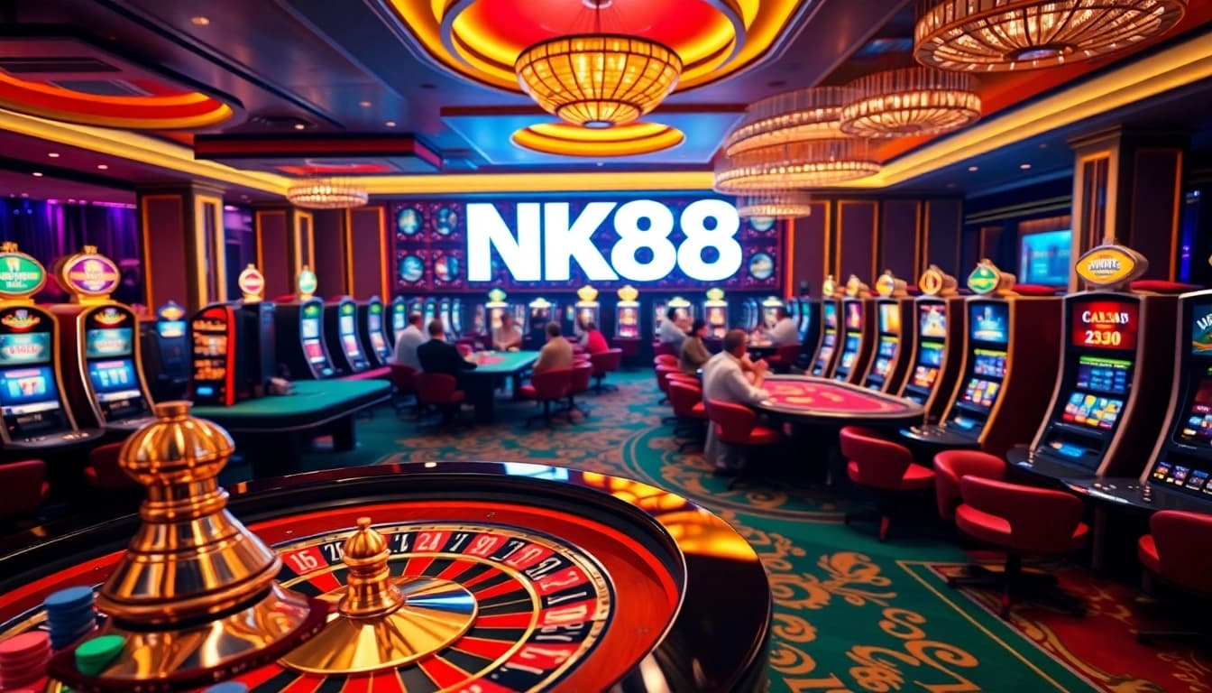 NK88 players enjoying a dynamic casino atmosphere with roulette and poker tables full of action.