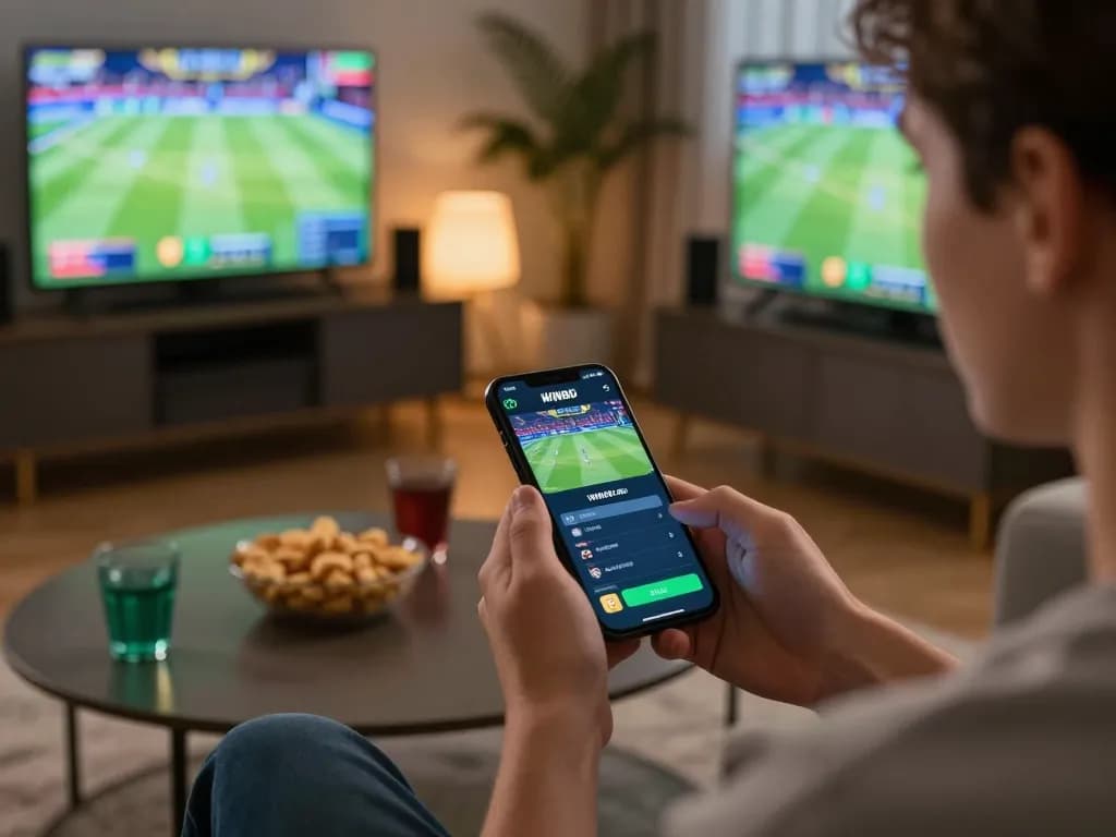 Player engaging with the Winbd sports betting app in a cozy home setting while watching live sports