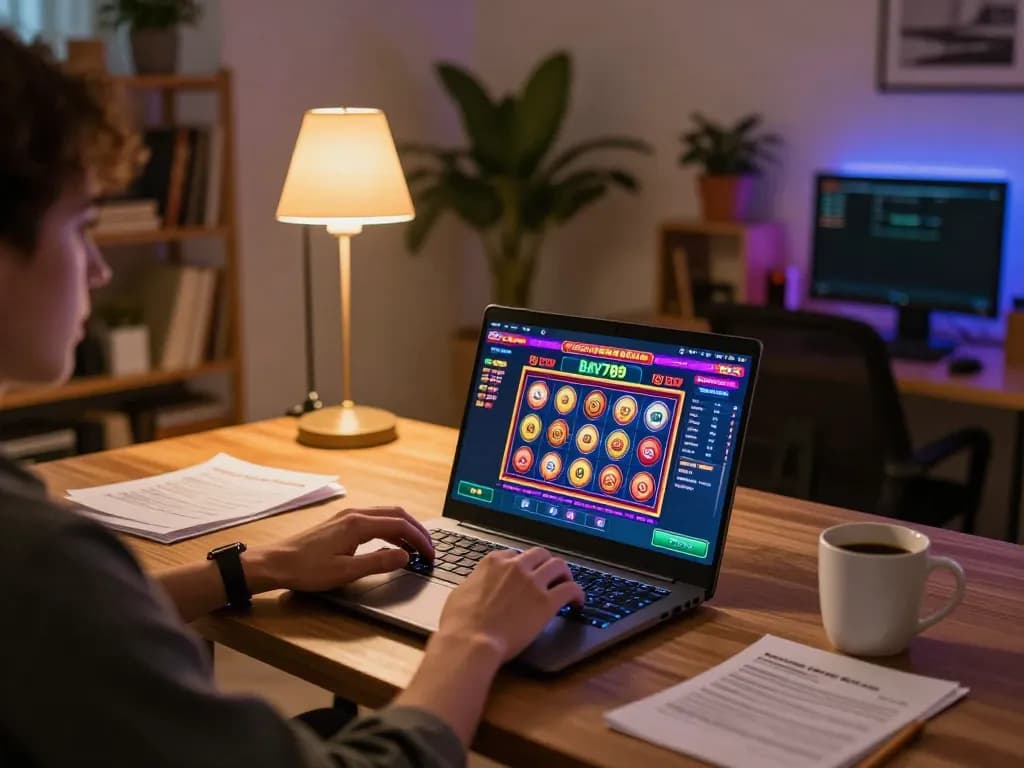 Person enjoying online Bay789 gaming experience with vibrant graphics on laptop.