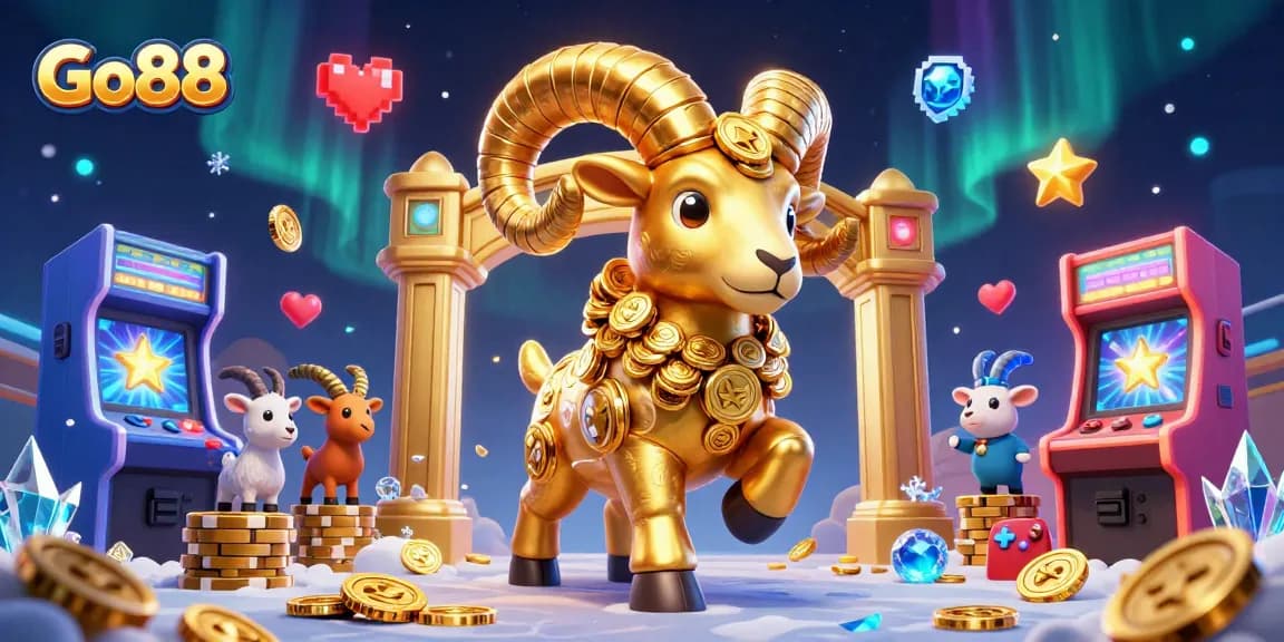 Engage with Go88's vibrant gaming adventure featuring a golden ram at a casino.