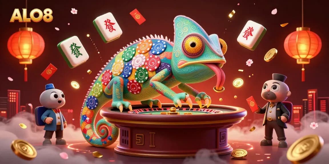 Engage in thrilling gaming activities at ALO8, where a chameleon casino owner snaps up golden coins amidst vibrant casino elements.