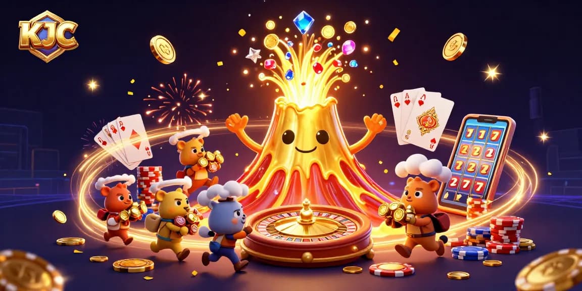 KJC volcano erupting coins and treasures creates excitement in casinos.