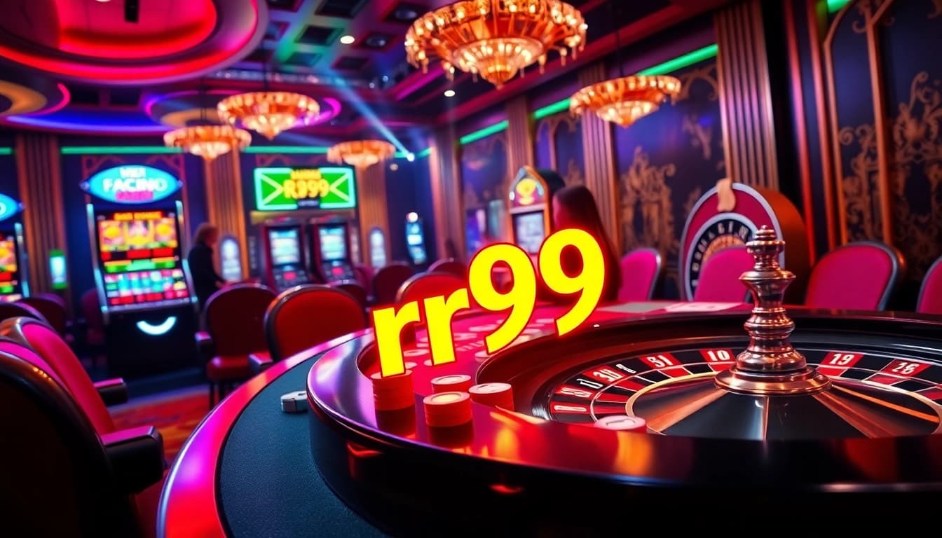 Engage with the thrilling rr99 casino experience featuring poker chips, cards, and roulette wheel.