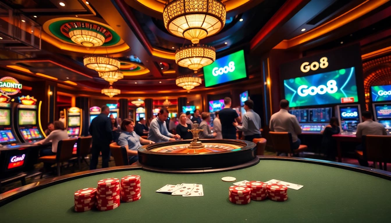 Engaging gamblers at the Go8 casino, surrounded by exciting gaming tables and slot machines.