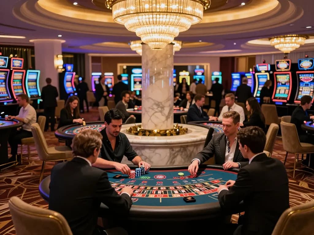 Fabet gambling experience with players engaged at roulette table amidst vibrant casino atmosphere