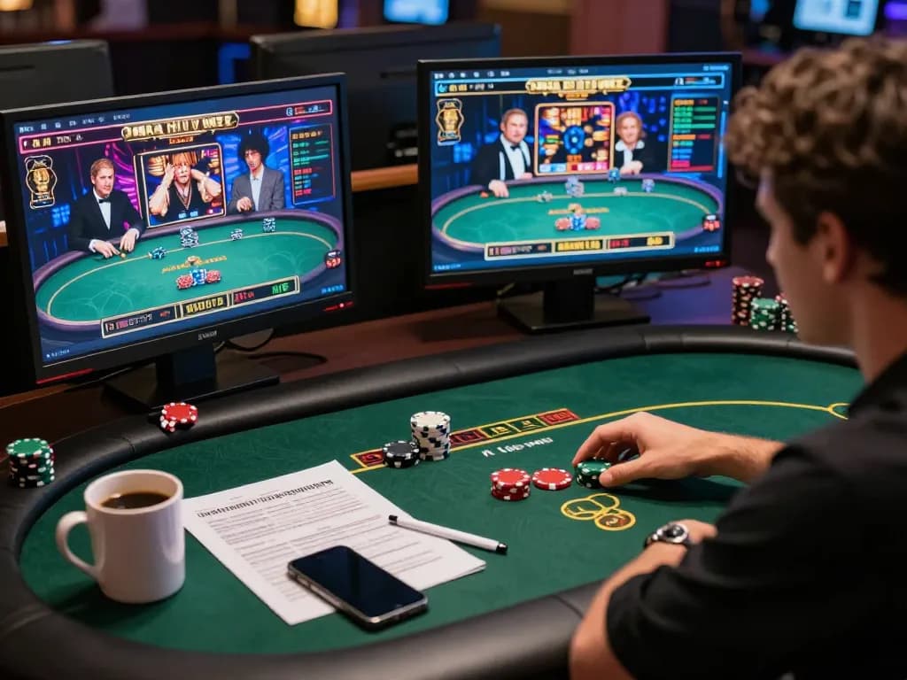 Engaged player using max88 online casino app on multiple screens for strategic gameplay.