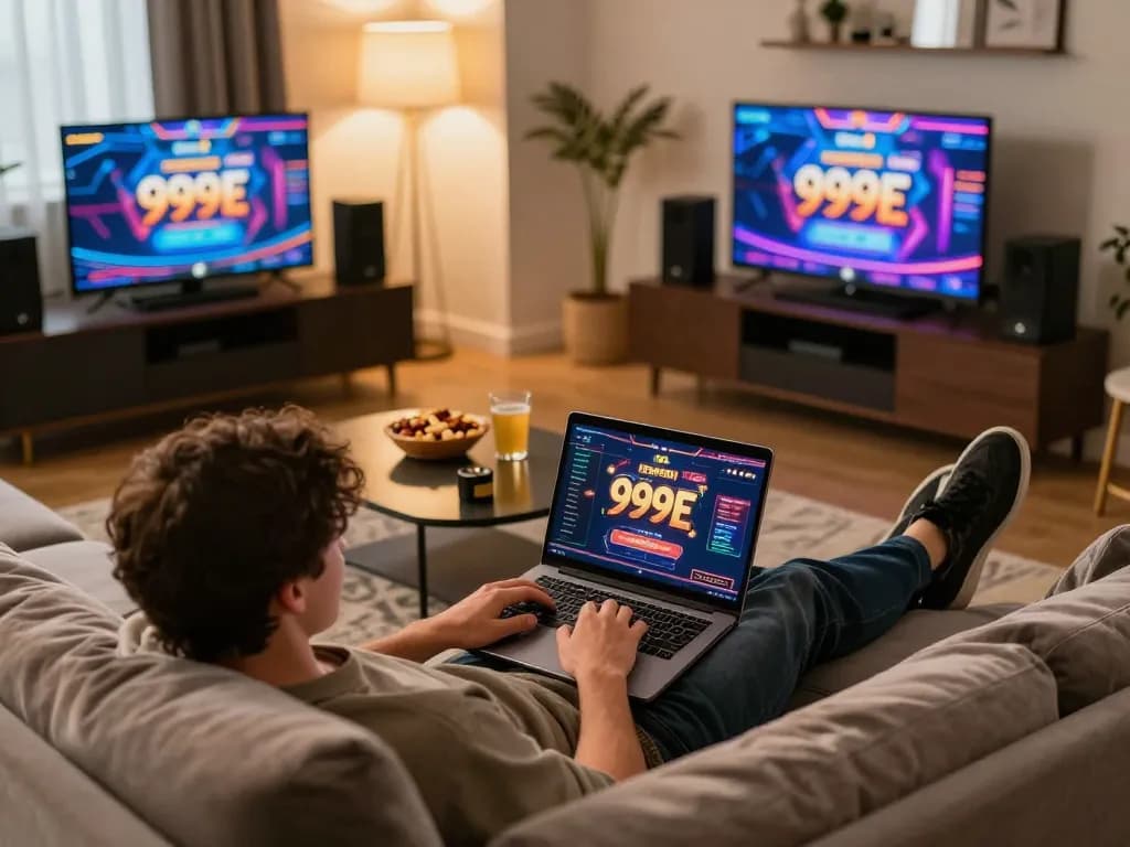 Player enjoying the excitement of online gaming on 999E, showcasing vibrant interface and comfortable setting.