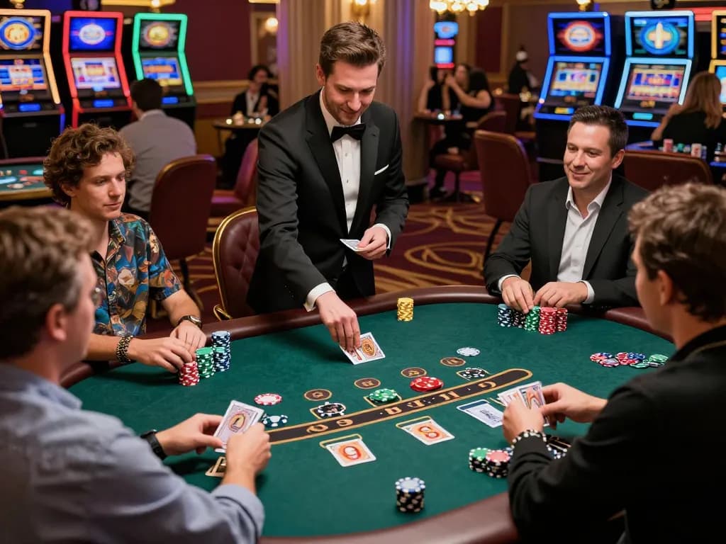 Players enjoying a thrilling blackjack game at man88 casino, showcasing strategy and excitement.