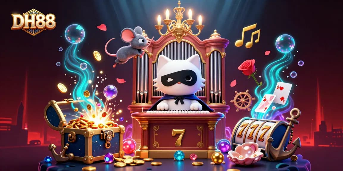Engage with DH88's casino thrills through captivating gaming elements and characters in a vibrant illustration.