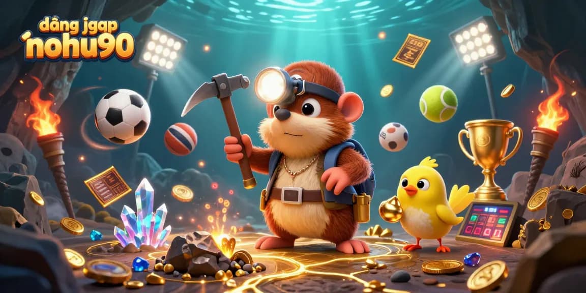 Spin to win at đăng nhập nohu90 with a vibrant treasure scene showcasing a mole and sports elements.