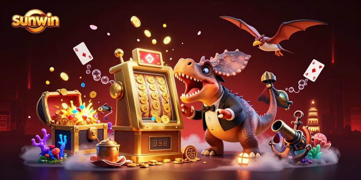 Join the excitement at sunwin with cartoon dinosaurs celebrating casino wins amidst swirling gold coins.