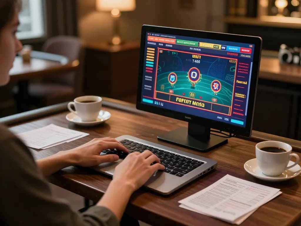 Good88 user engaging in online casino gameplay with a vibrant screen and strategy notes.