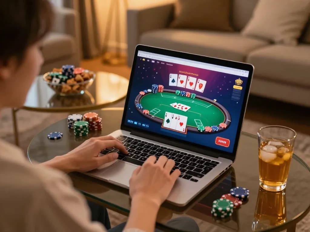 Player enjoying online gaming at Nk88 with poker interface and cozy home setup.