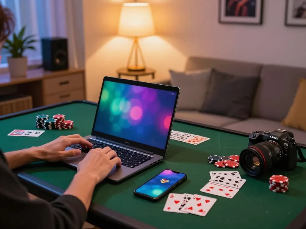 Experience 58win action in a cozy home gaming setup with poker chips and cards.
