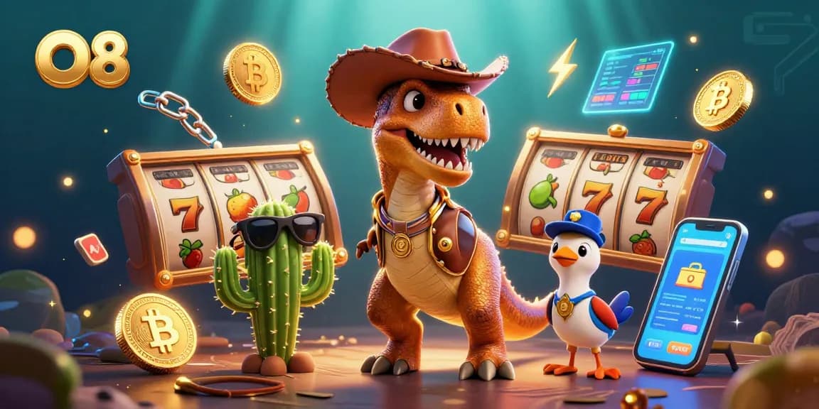 Engage with O8 in a vibrant casino adventure featuring a T-Rex, cactus sidekick, and roadrunner amidst neon crypto coins and slot game elements.