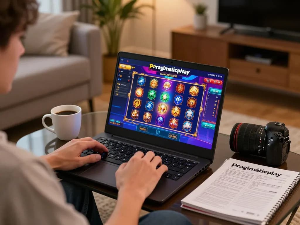 Engaging gameplay on Pragmaticplay slots during a cozy home session, laptop display vibrant graphics with coffee nearby.