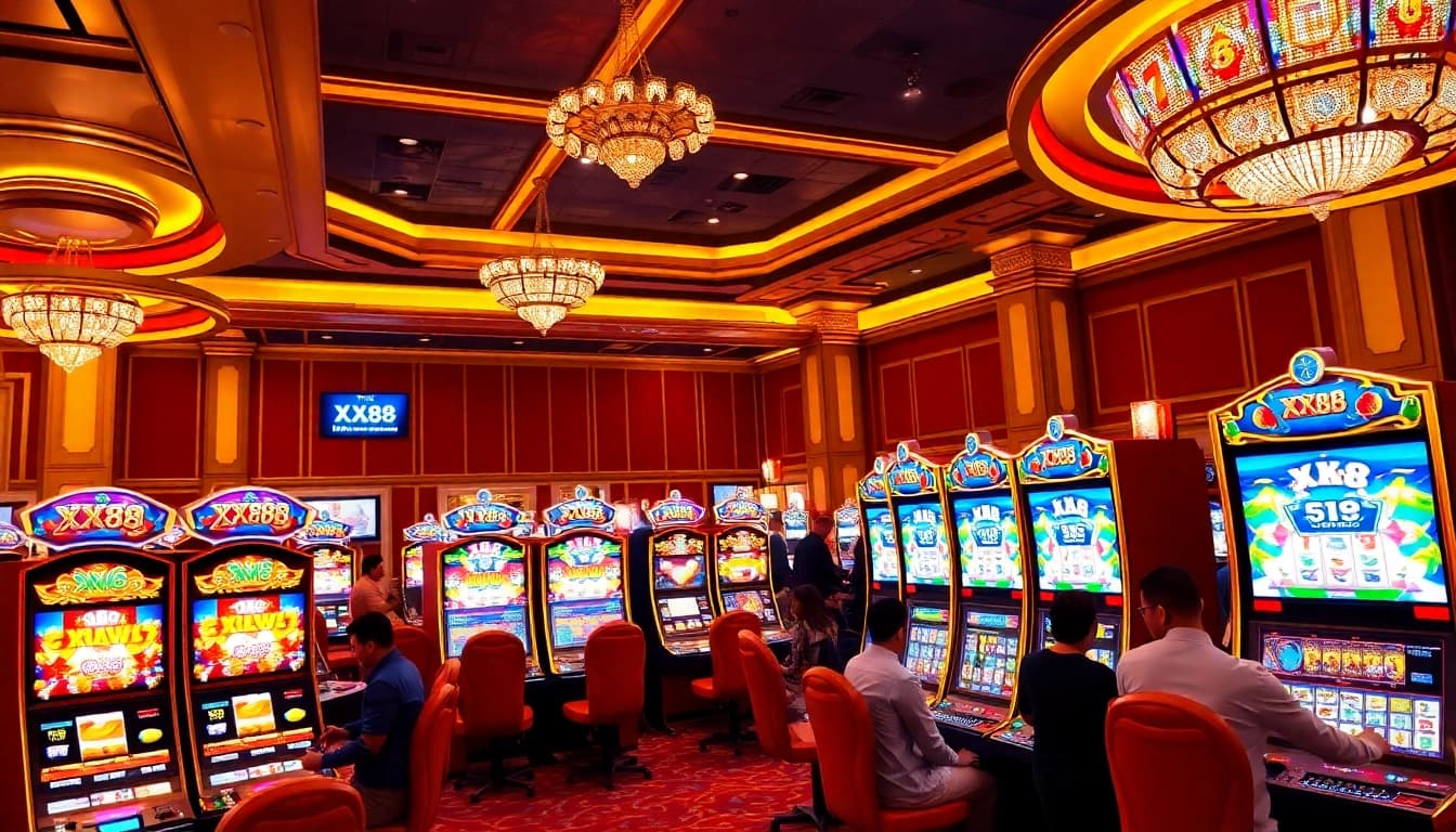 Players enjoying slot machines at XX88 casino, surrounded by luxury and excitement.