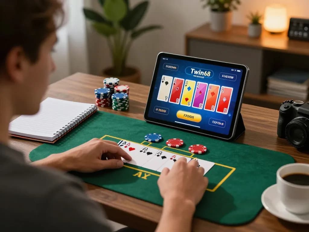 Engaging moment of a user enjoying twin68 poker on a tablet at home, showcasing strategic betting.